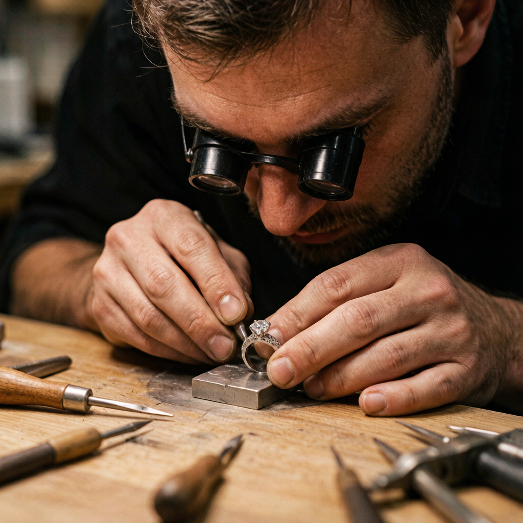 Jeweler setting a stone at the workbench